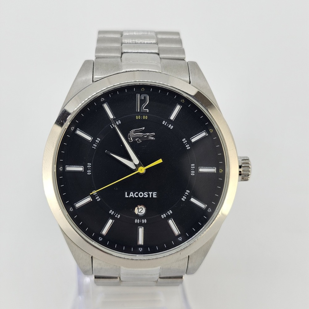 Lacoste Montreal Men Watch 44MM Black Dial Date Gray Bracelet Band 6" NewBattery